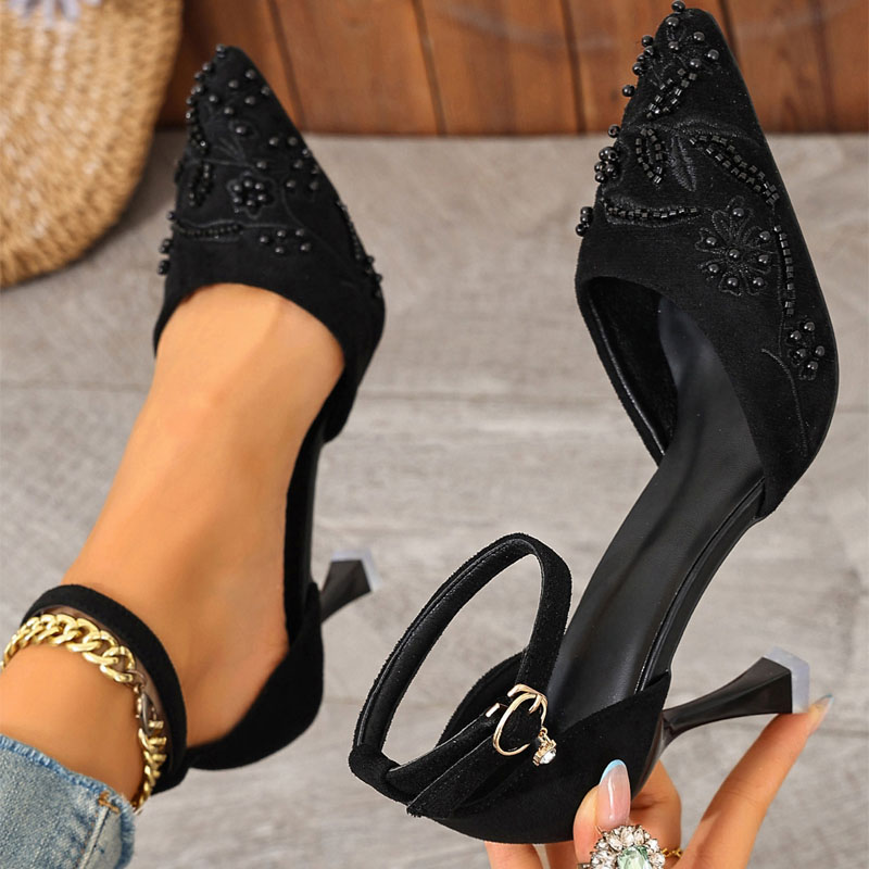 Shoeswoon Pearl Embroidered Pointed Toe Ankle Strap Sculptural Heels