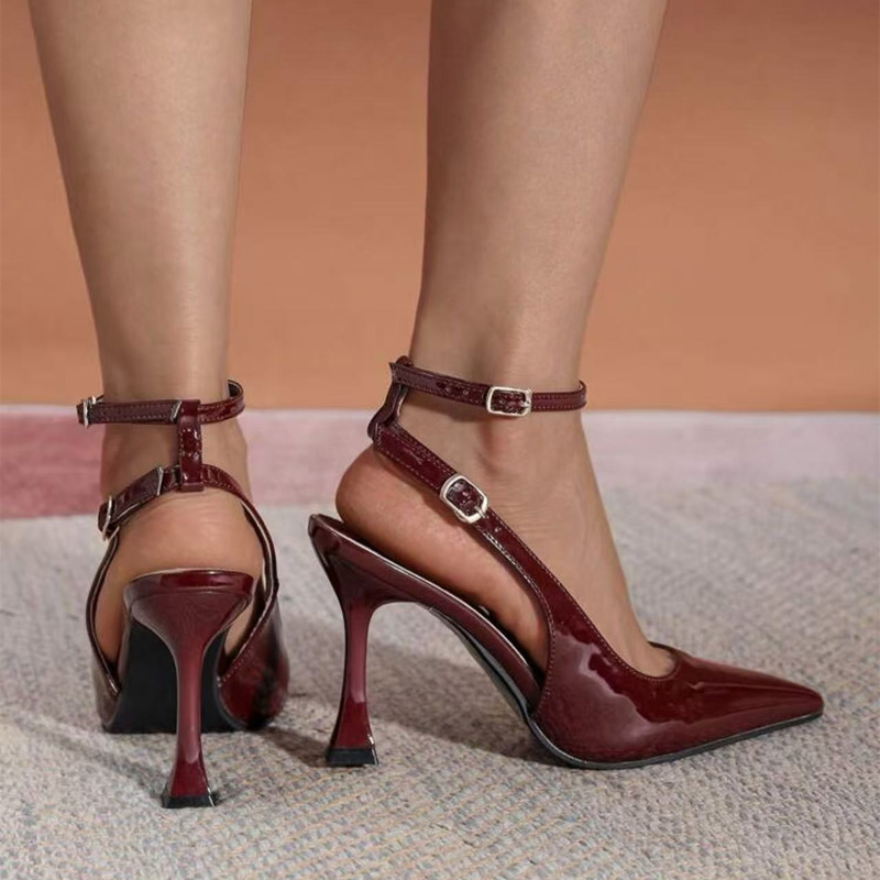 Shoeswoon Glossy Patent Double Ankle Strap Pointed Toe Sculptural Heels
