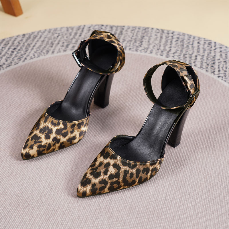 Shoeswoon Satin Leopard Pattern Adjustable Ankle Buckle Pointed Heels