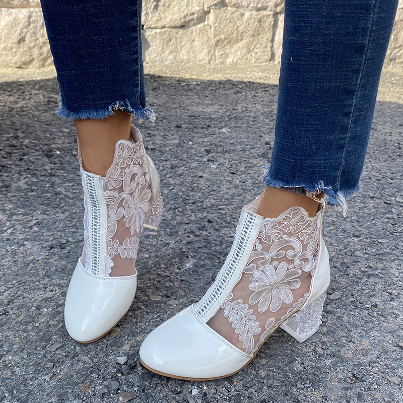 Shoeswoon Floral Lace Mesh Panel Rhinestone Chunky Block Heel Ankle Boots