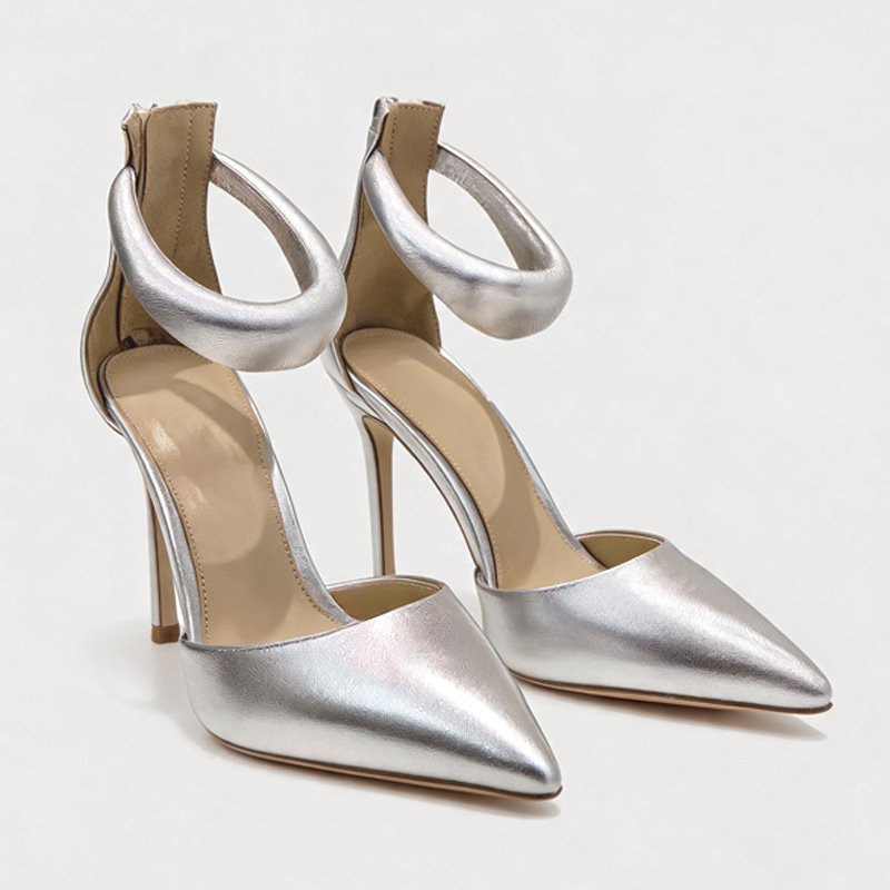 Shoeswoon Pointed Toe Hollow Out Big Ring Ankle Loop Back Zip Stiletto High Heel Mules