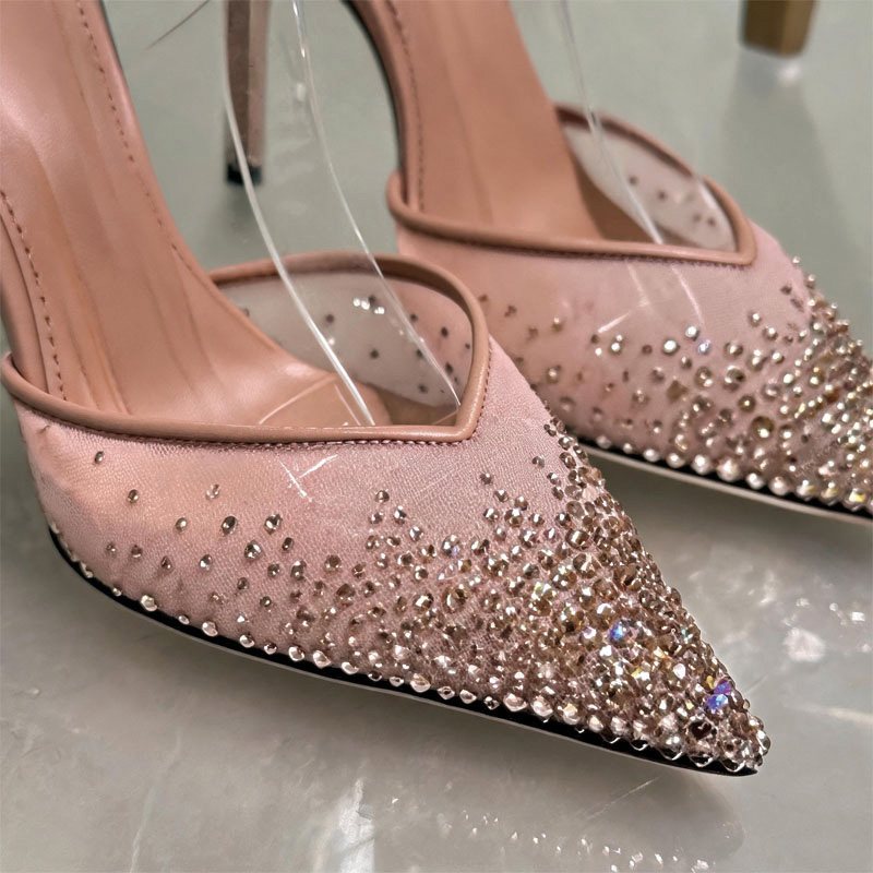 Shoeswoon Nude Mesh Rhinestone Slingback Pointed Toe Stiletto High Heel Pumps