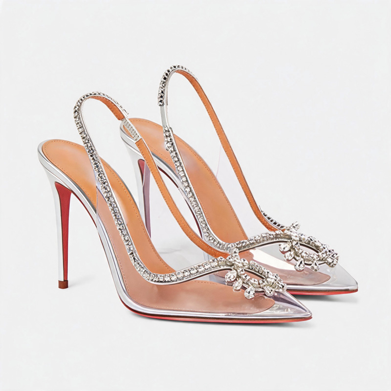 Shoeswoon Silver Clear PVC Rhinestone Slingback Pointed Toe Stiletto Pumps