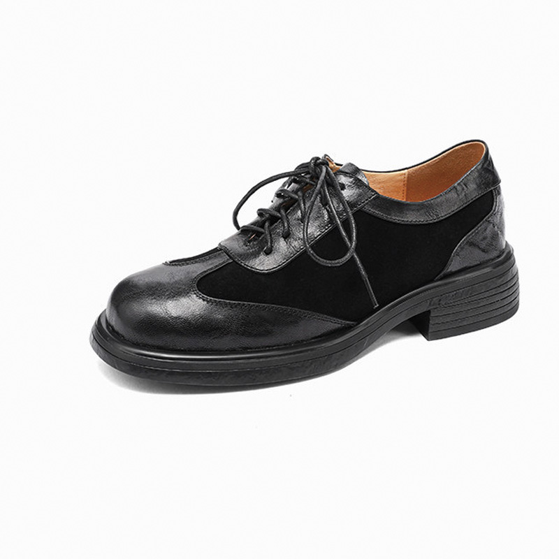 Shoeswoon Vintage Mixed‑Material Brogue Round Toe Lace‑Up Chunky Sole Women Retro Oxfords