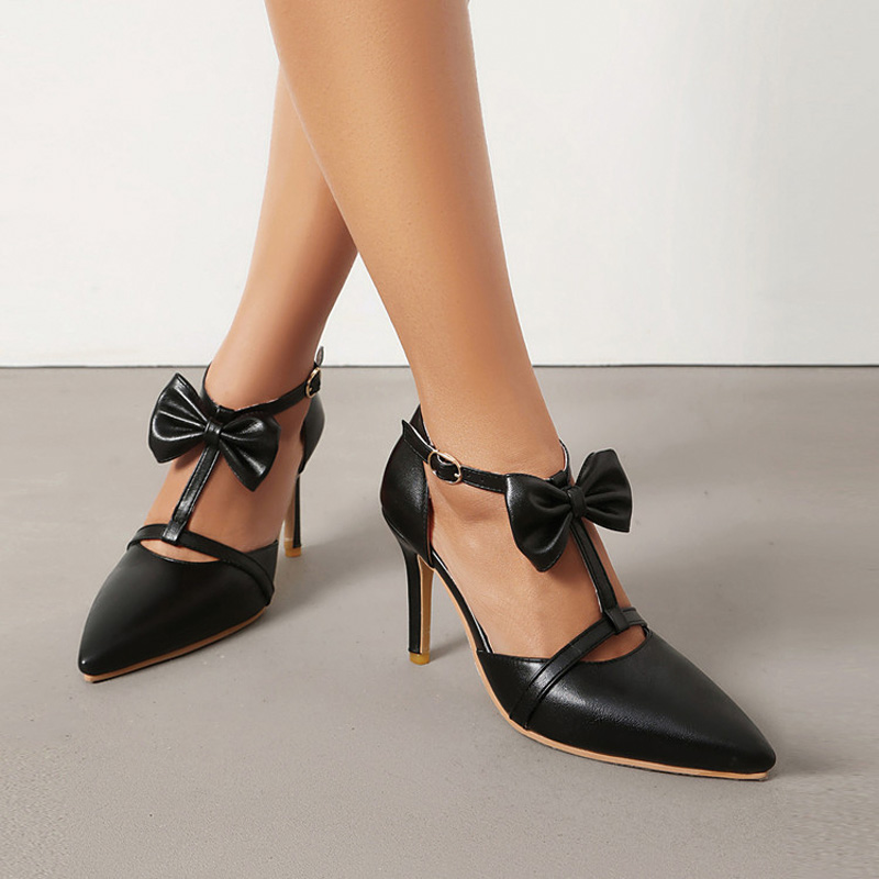 Shoeswoon T‑Strap Bow Ankle Strap Pointed Toe Stiletto Wedding Pumps