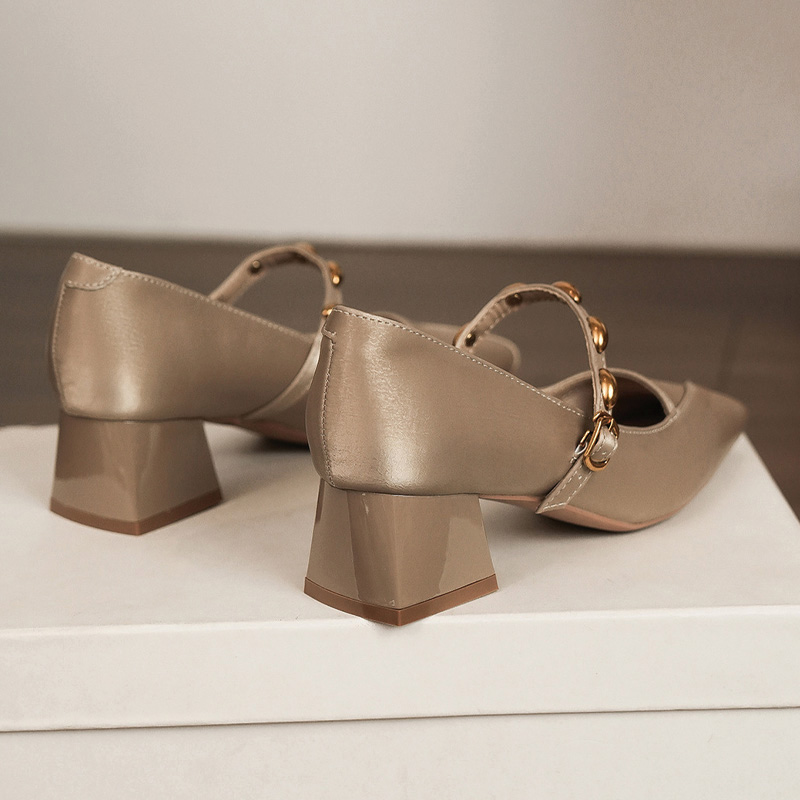 Shoeswoon Gold Metal Bead Strap Square Toe Block Heel Mary Jane Pumps