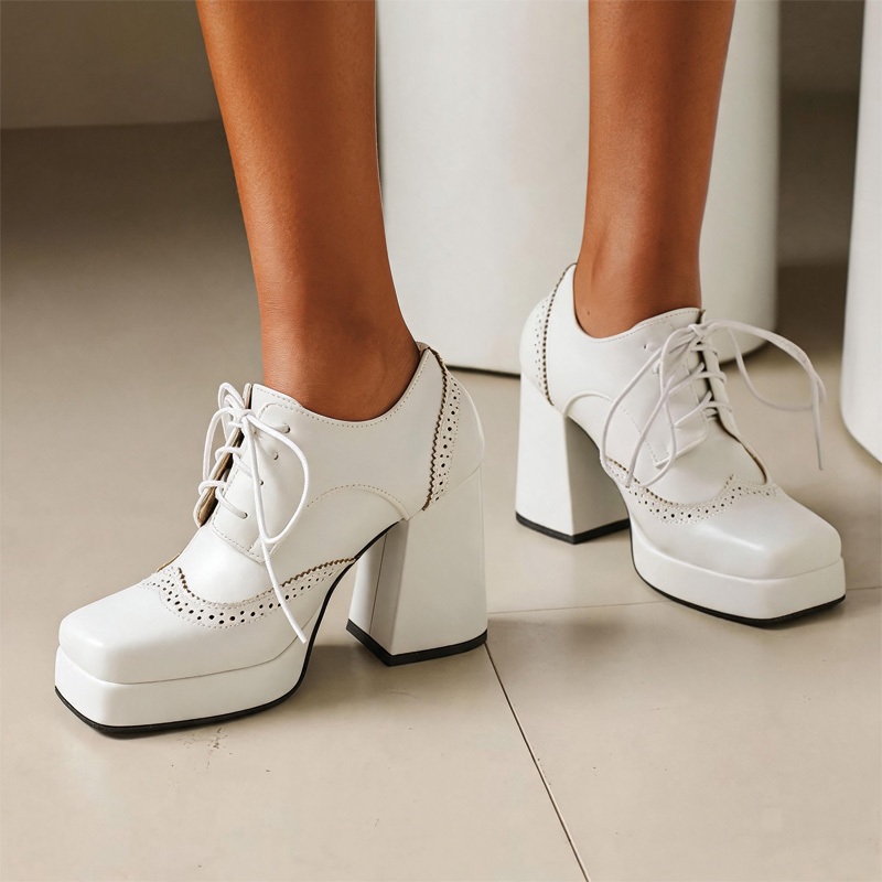 Shoeswoon Spliced Brogue Lace‑Up Platform Chunky Block Heel Oxford Shoes