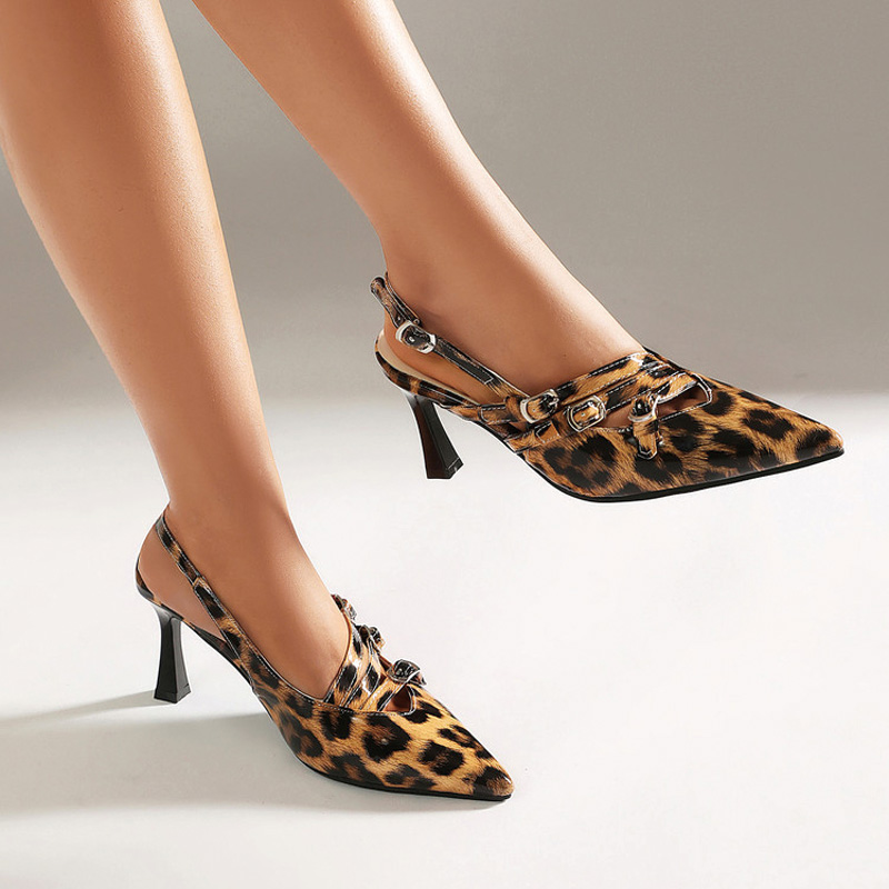 Shoeswoon Multi‑Buckle Leopard Print Pointed Toe Slingback Flared Heel Pumps