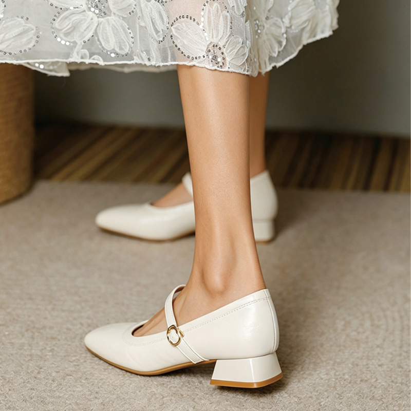 Shoeswoon Soft Leather Mary Janes Adjustable Buckle Instep‑Strap Low Heel Daily Shoes