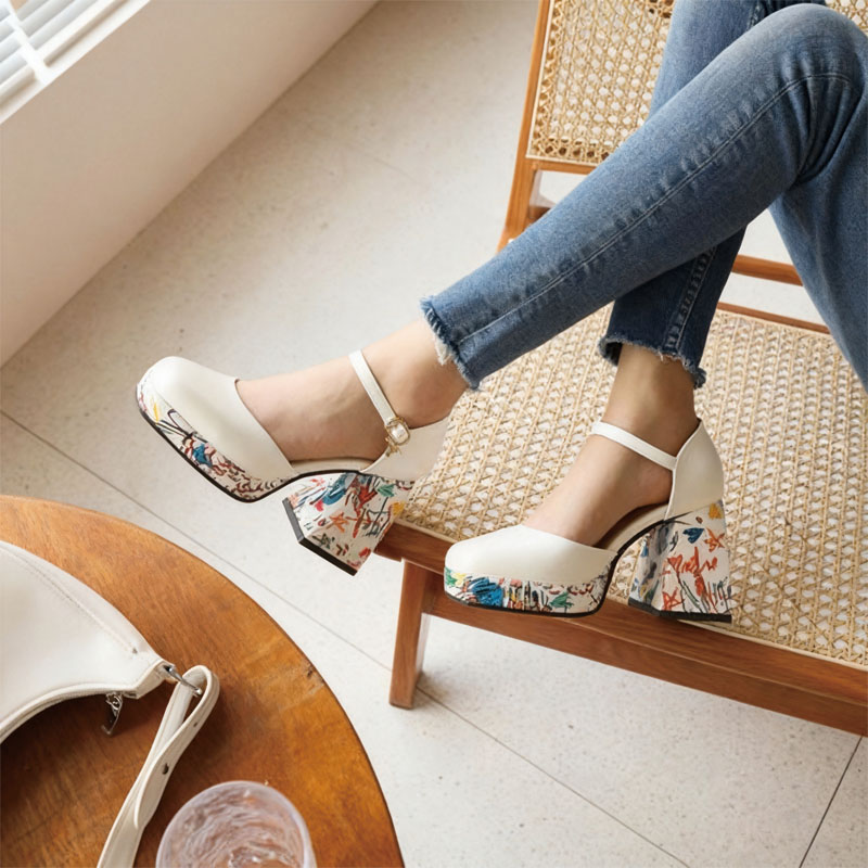 Shoeswoon Square Toe Ankle Strap Platform Heels Printed Chunky Block Heel