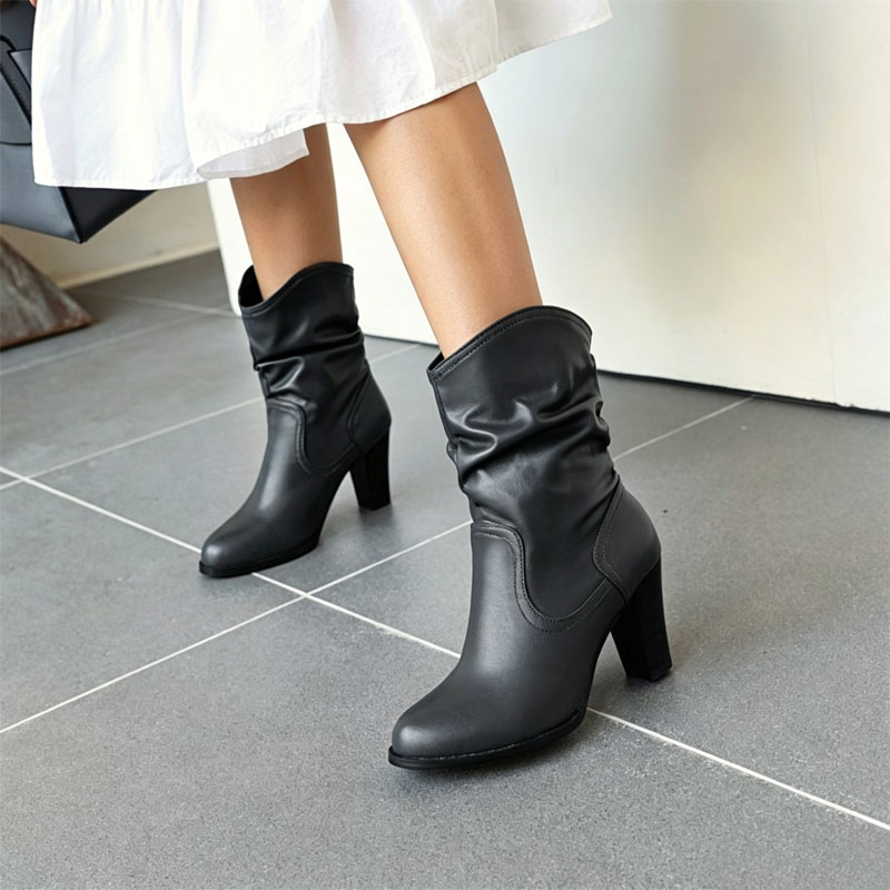 Shoeswoon Ruched Shaft Round‑Toe Wooden Block Heel Mid‑Calf Boots