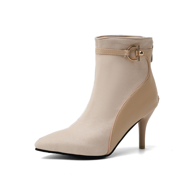 Shoeswoon Mixed‑Texture Pointed Toe Ankle Booties Metal Buckle Stiletto Heels