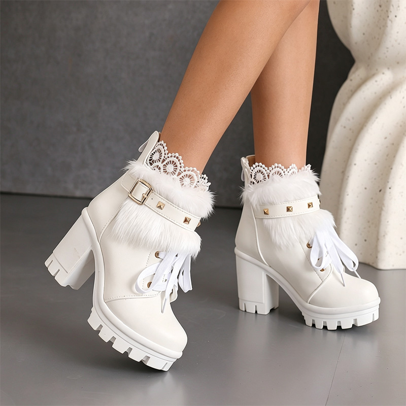 Shoeswoon Studded Buckle Fur Trim Ankle Booties Lace‑Up Platform Block Heel