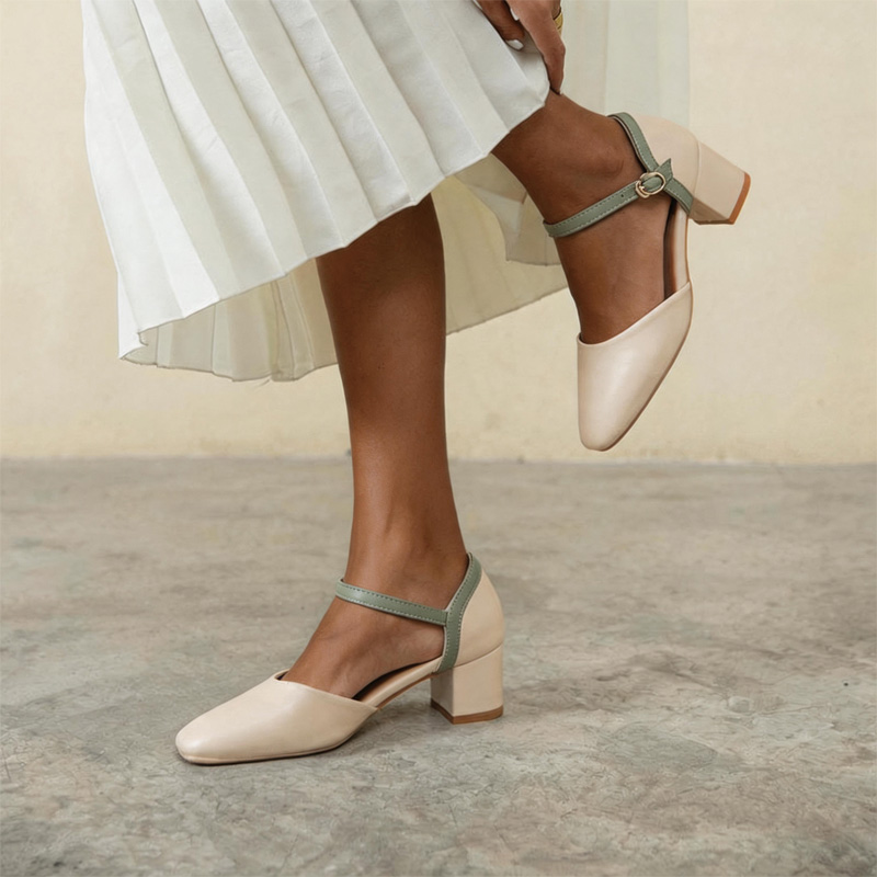 Shoeswoon Retro Color‑Block Ankle‑Buckle Mid Block‑Heel Mary Janes