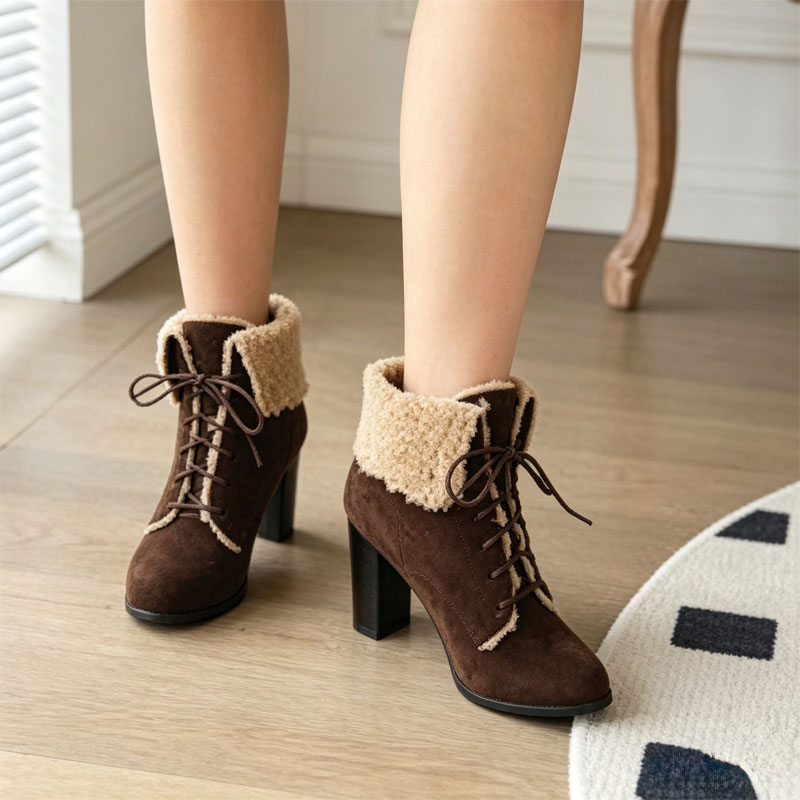 Shoeswoon Fleece‑Cuff Lace‑Up Ankle Booties Faux‑Fur Trim Block Heel