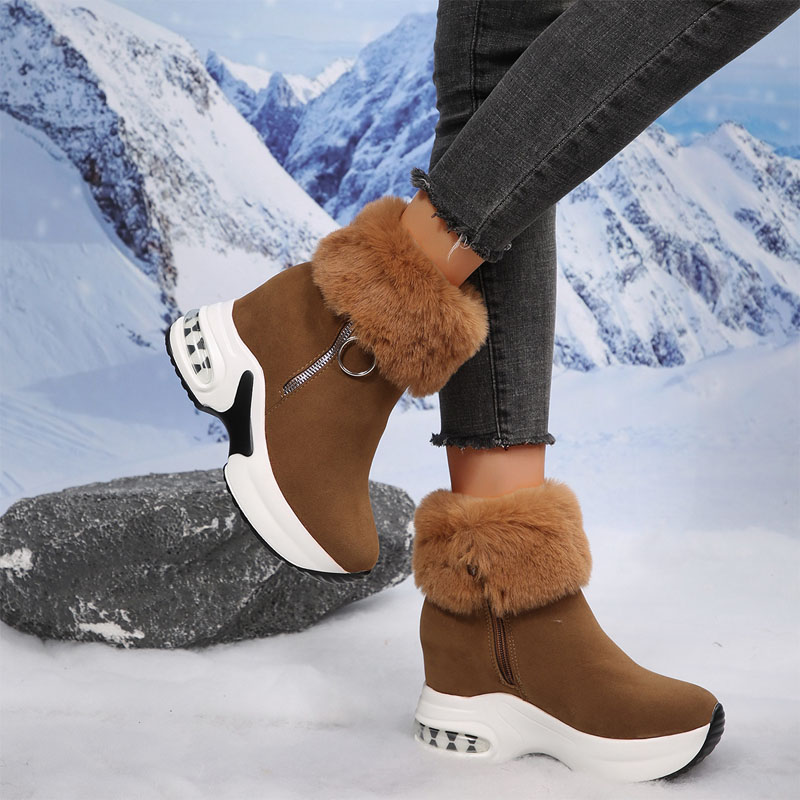 Shoeswoon Faux Fur Trim Side Zip Wedge Chunky Sole Boots