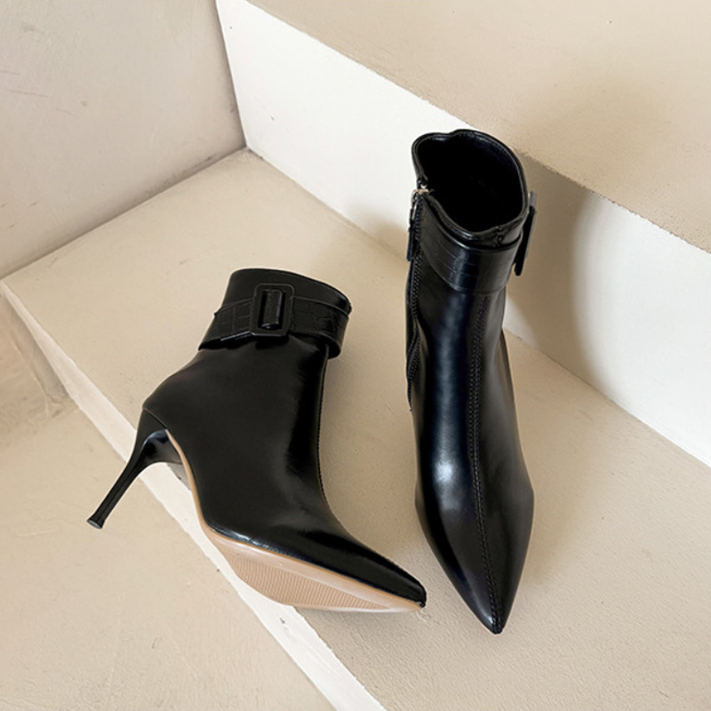 Shoeswoon Croc Embossed Strap Decor Pointed Slim High Heel Ankle Boots