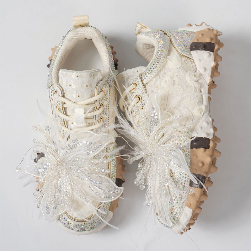 Shoeswoon Romantic 3D Floral Mesh Feather Pearl‑Crystal Decor Lace‑Up Fashion Sneakers