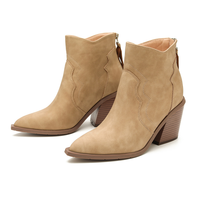 Shoeswoon Retro Tassel Back Zipper Chunky Block Heel Cowgirl Booties