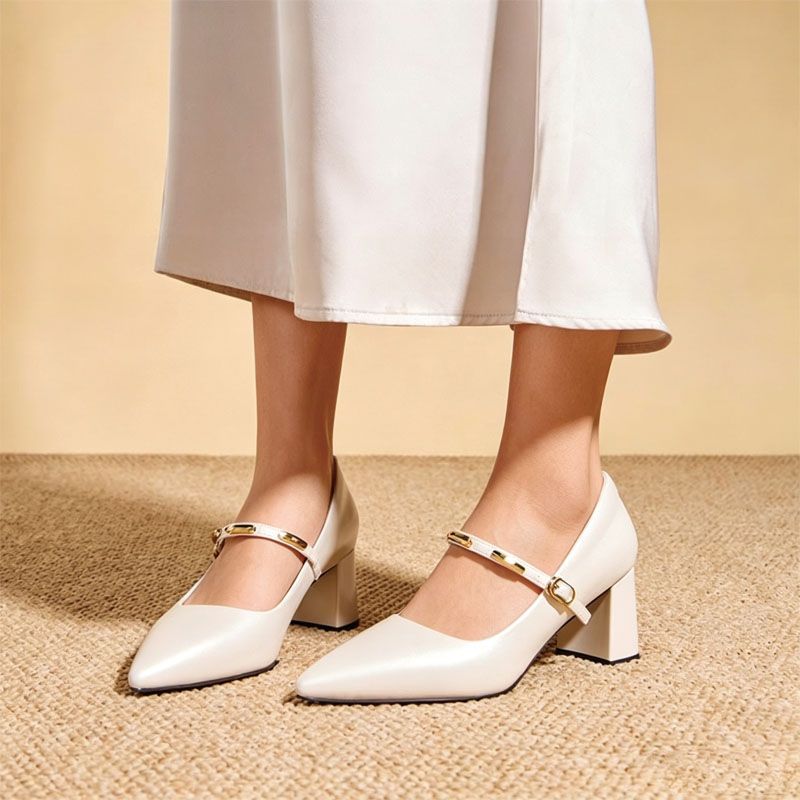 Shoeswoon Pointed‑Toe Mary Jane Pumps Minimal Metal‑Accent Strap Heels