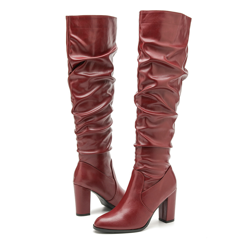 Shoeswoon Shiny Faux Leather Slouchy Side Zipper Block Heel Women's Tall Boots