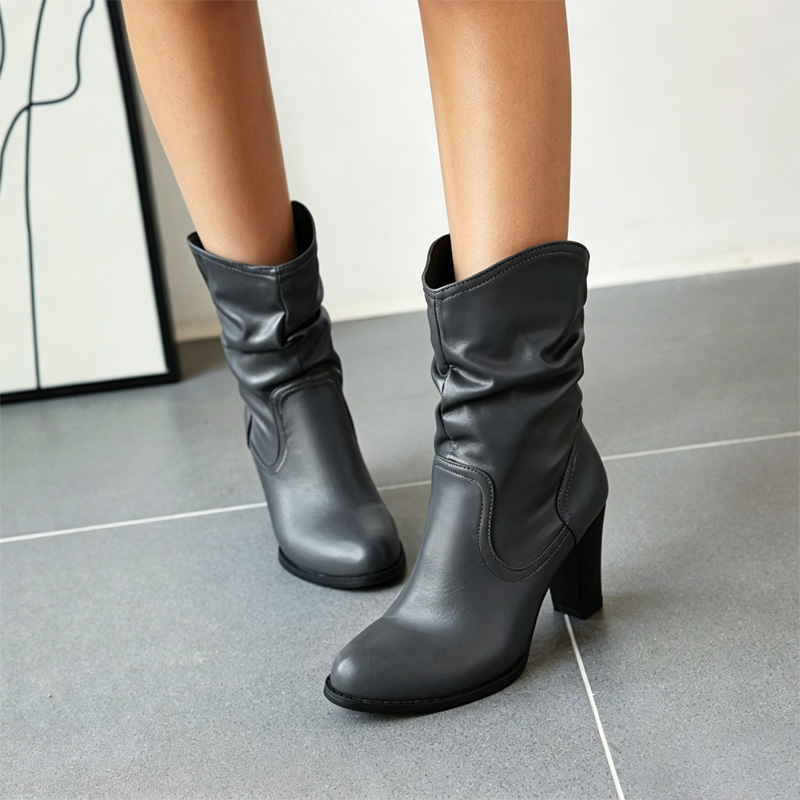 Shoeswoon Ruched Shaft Round‑Toe Wooden Block Heel Mid‑Calf Boots