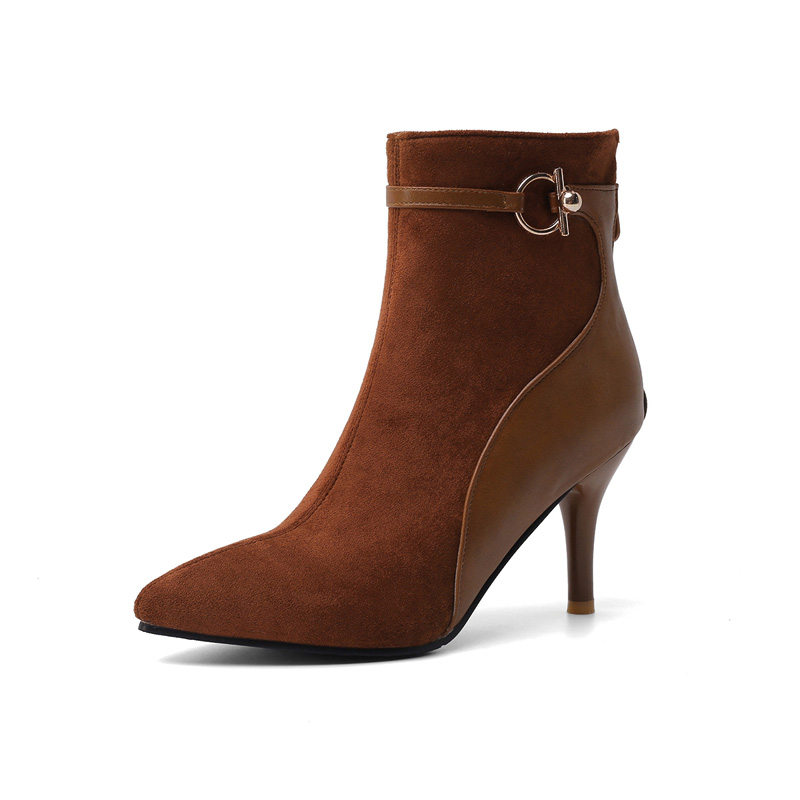 Shoeswoon Mixed‑Texture Pointed Toe Ankle Booties Metal Buckle Stiletto Heels