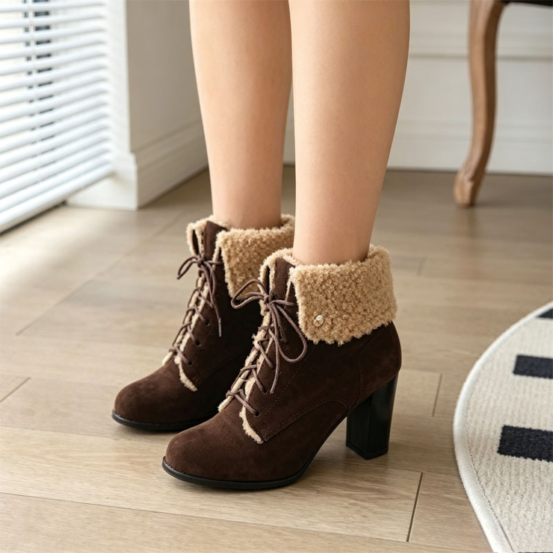 Shoeswoon Fleece‑Cuff Lace‑Up Ankle Booties Faux‑Fur Trim Block Heel