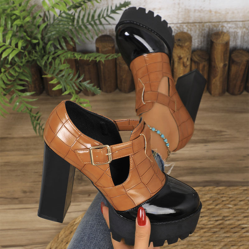 Shoeswoon Cap Toe Croc Print Side Cutout Chunky Platform Heels
