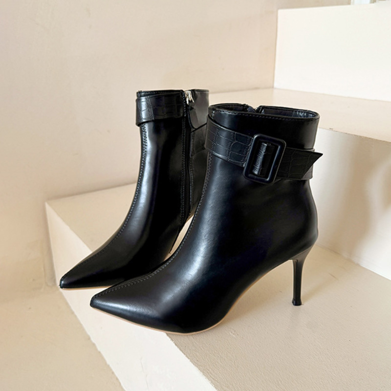 Shoeswoon Croc Embossed Strap Decor Pointed Slim High Heel Ankle Boots