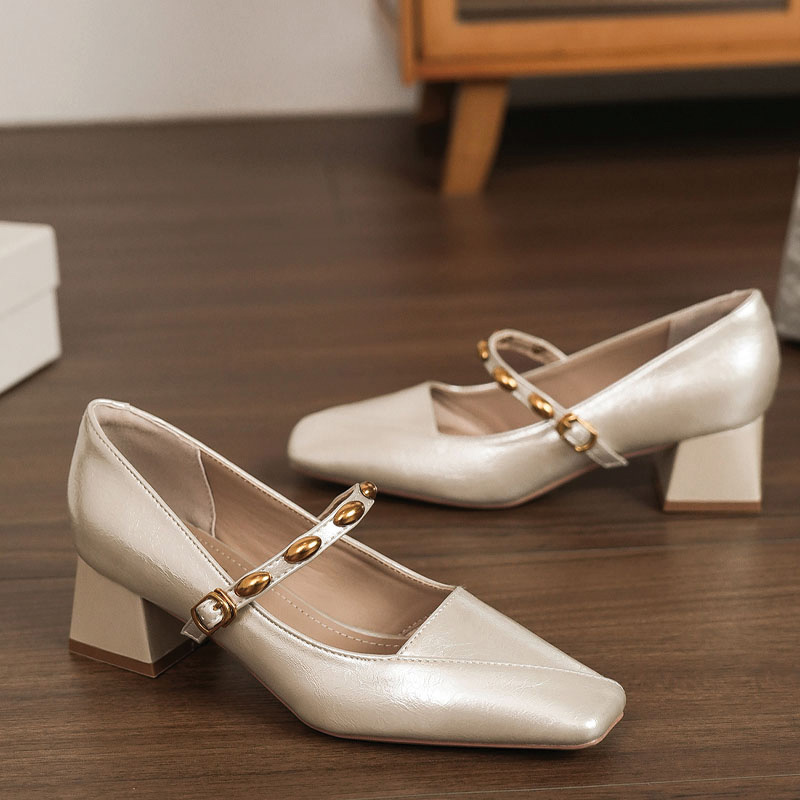Shoeswoon Gold Metal Bead Strap Square Toe Block Heel Mary Jane Pumps
