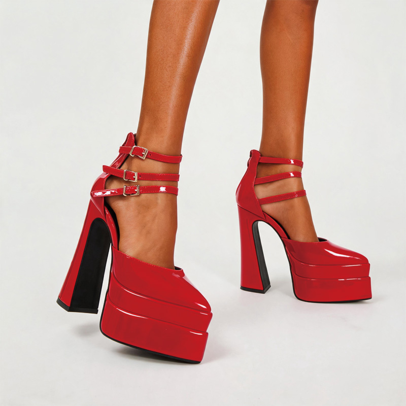 Shoeswoon Patent Triple Ankle Strap Double Platform Block Heel Pumps