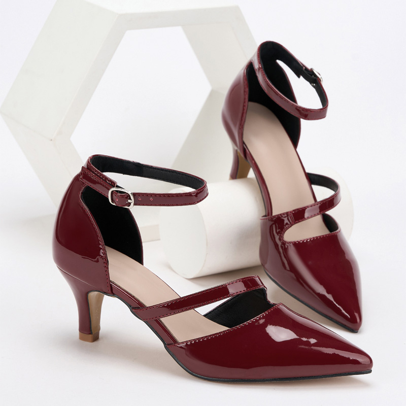 Shoeswoon Double Strap Pointed Toe Kitten Heel Ankle Strap Pumps