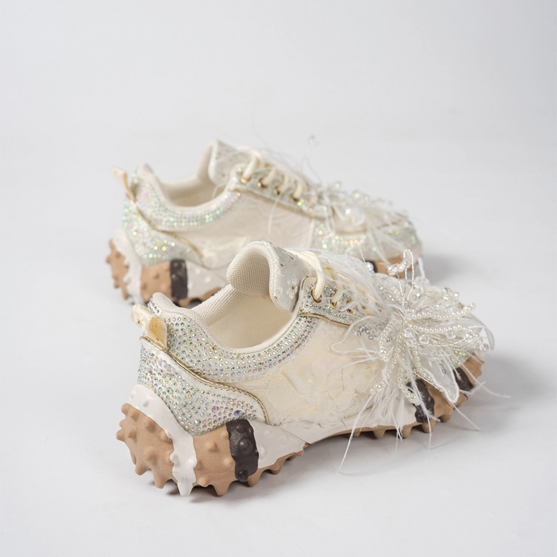 Shoeswoon Romantic 3D Floral Mesh Feather Pearl‑Crystal Decor Lace‑Up Fashion Sneakers