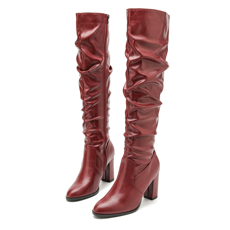 Shoeswoon Shiny Faux Leather Slouchy Side Zipper Block Heel Women's Tall Boots