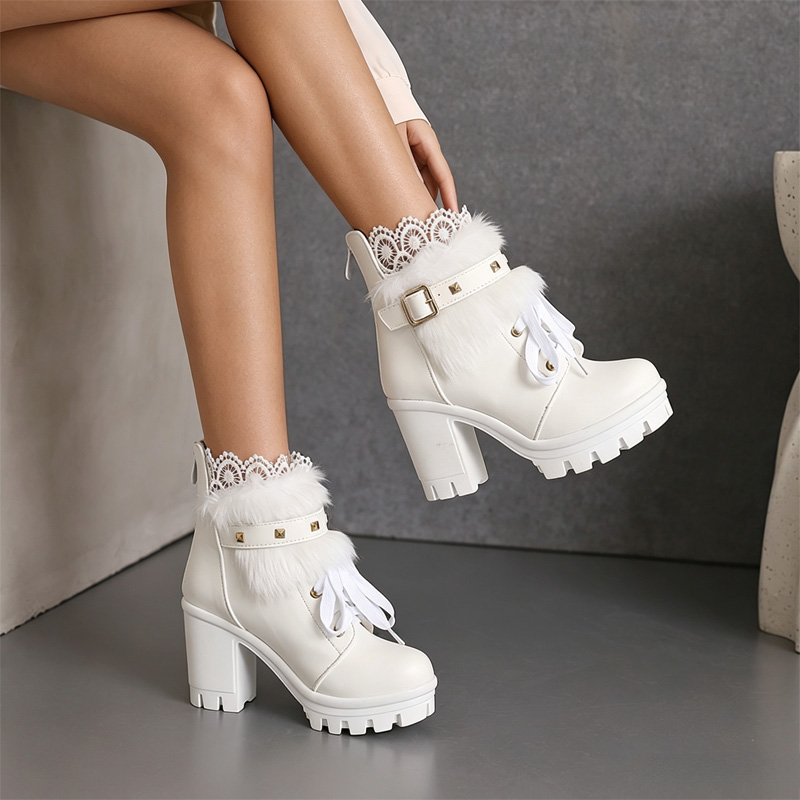Shoeswoon Studded Buckle Fur Trim Ankle Booties Lace‑Up Platform Block Heel