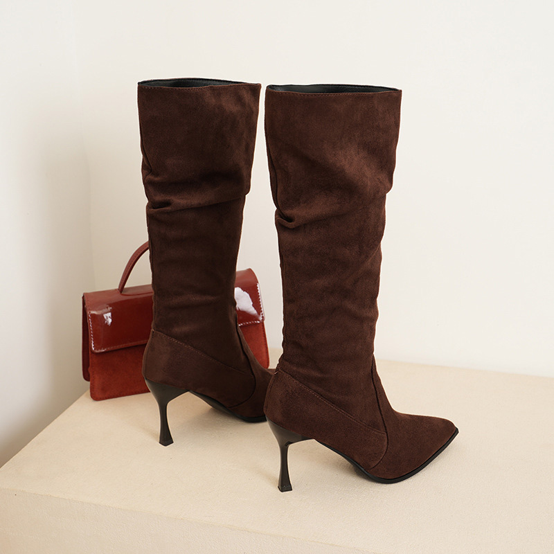 Shoeswoon Slouchy Design Pointed Toe Flared Stiletto Knee High Boots