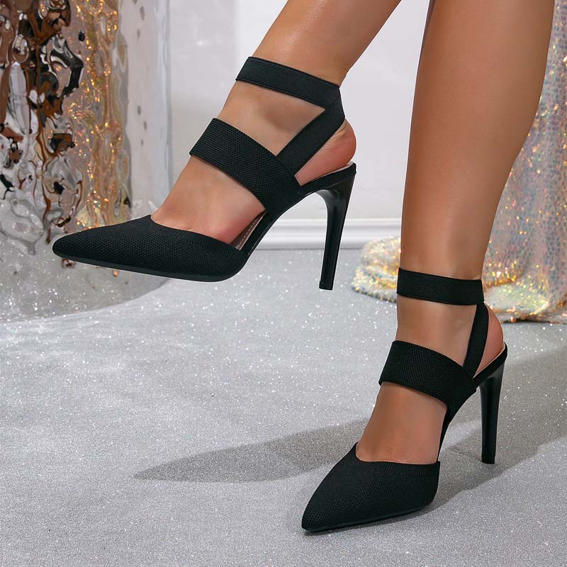 Shoeswoon Stretch Knit Pointed Toe Dual Band Ankle Strap Stiletto Heels