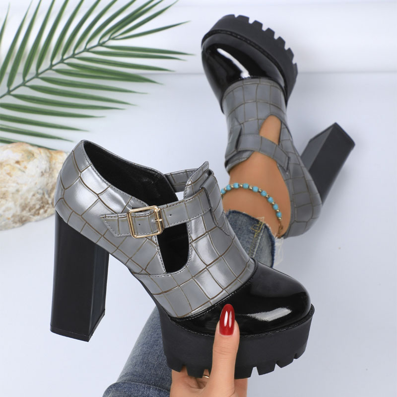 Shoeswoon Cap Toe Croc Print Side Cutout Chunky Platform Heels