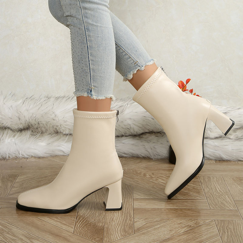 Shoeswoon Elegant Square Toe Flared Chunky Heel Rear Zipper Ankle Boots