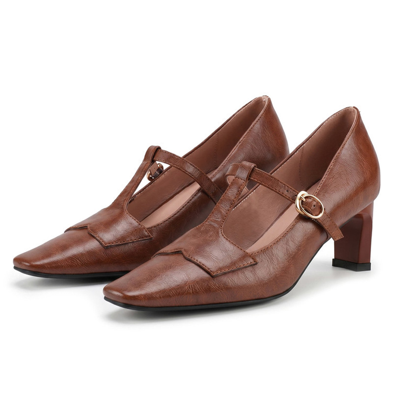 Shoeswoon Vintage T‑Strap Square Toe Block Heel Mary Jane Pumps