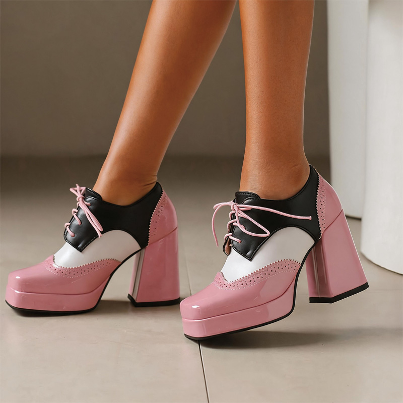 Shoeswoon Spliced Brogue Lace‑Up Platform Chunky Block Heel Oxford Shoes