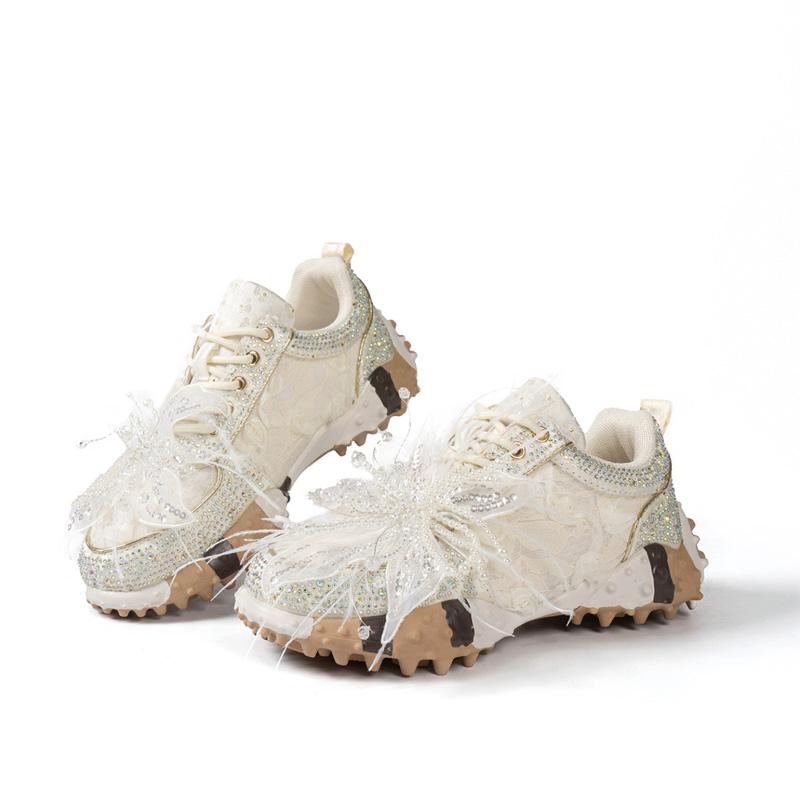 Shoeswoon Romantic 3D Floral Mesh Feather Pearl‑Crystal Decor Lace‑Up Fashion Sneakers