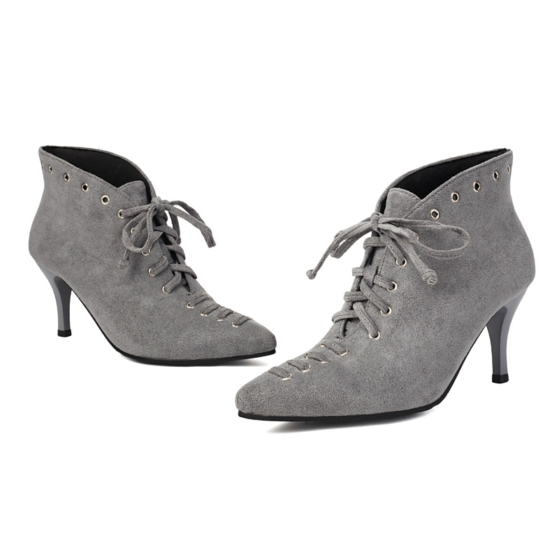 Shoeswoon Pointed Toe Lace‑Up Ankle Booties Eyelet Decor Stiletto Heel