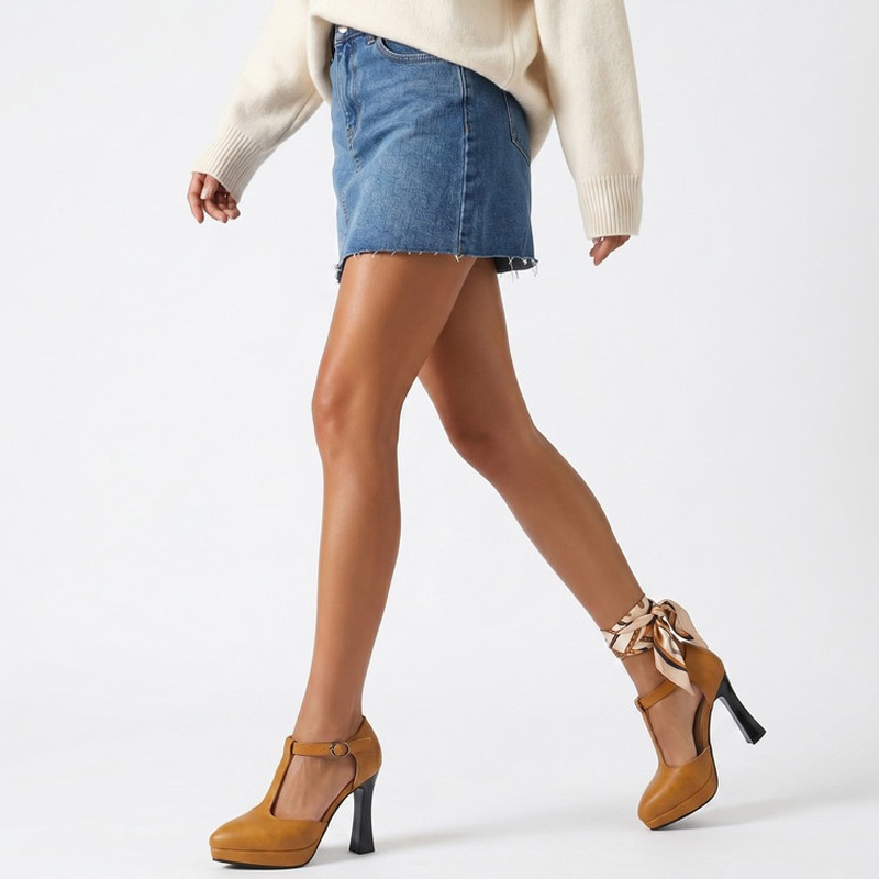 Shoeswoon T-Strap Pointed Toe Ankle Buckle Platform Sculptural Heels