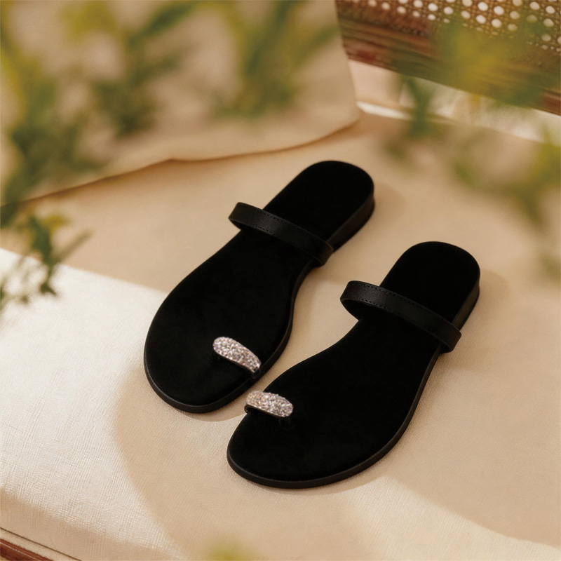 Shoeswoon Single Strap Rhinestone Toe Ring Open Toe Flat Slide Sandals