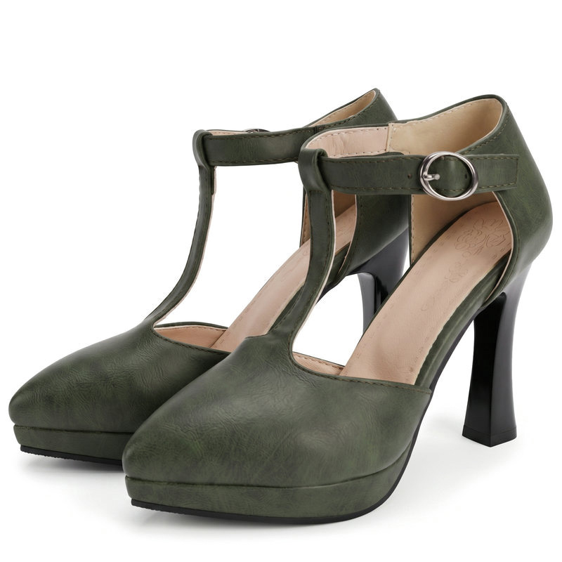 Shoeswoon Retro Platform T‑Strap Buckle Cutout Mary Jane Heels