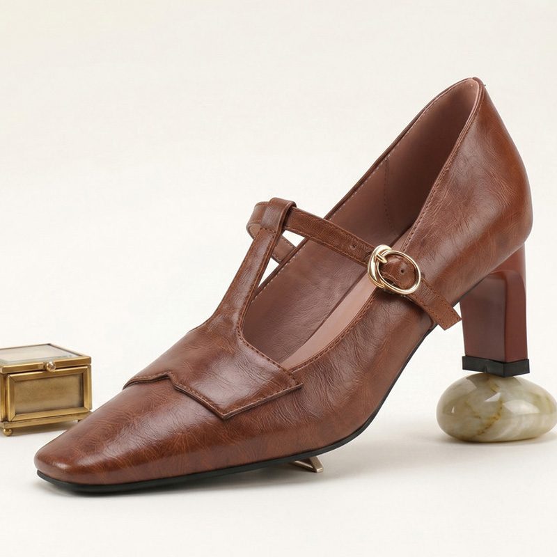 Shoeswoon Vintage T‑Strap Square Toe Block Heel Mary Jane Pumps
