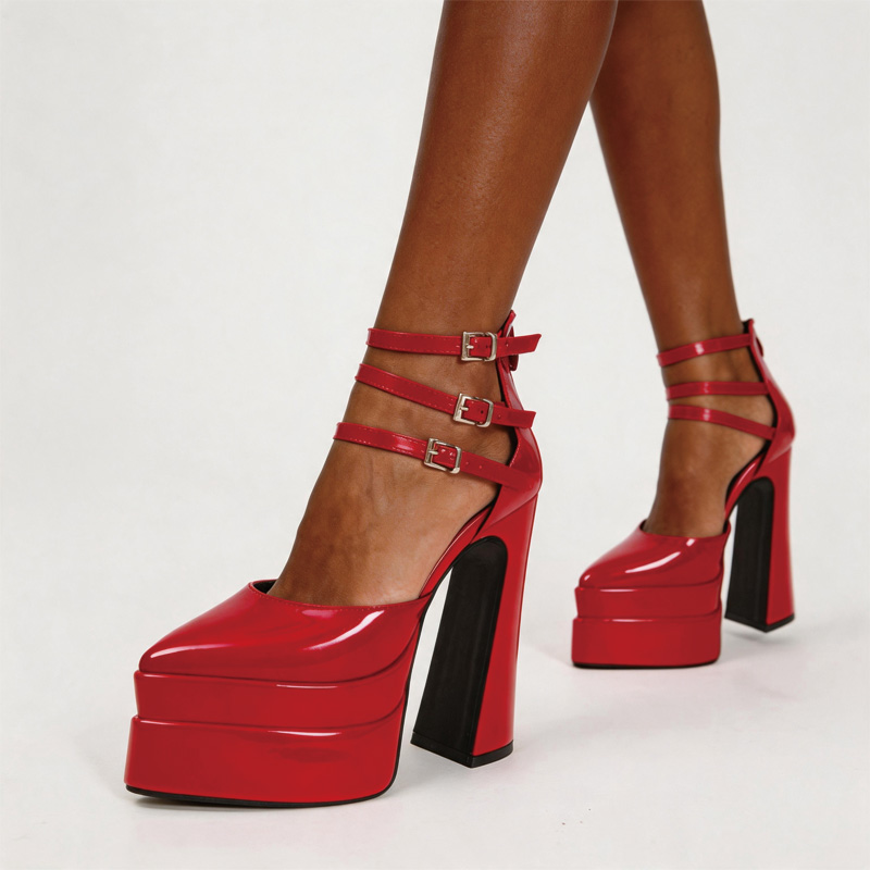 Shoeswoon Patent Triple Ankle Strap Double Platform Block Heel Pumps