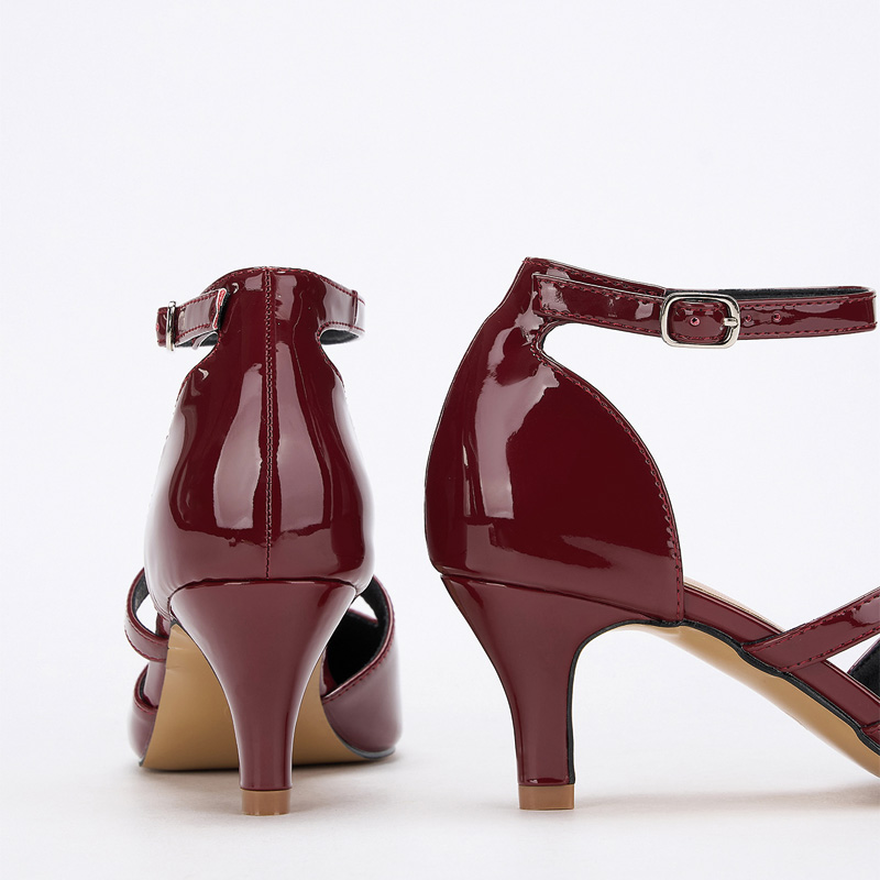 Shoeswoon Double Strap Pointed Toe Kitten Heel Ankle Strap Pumps